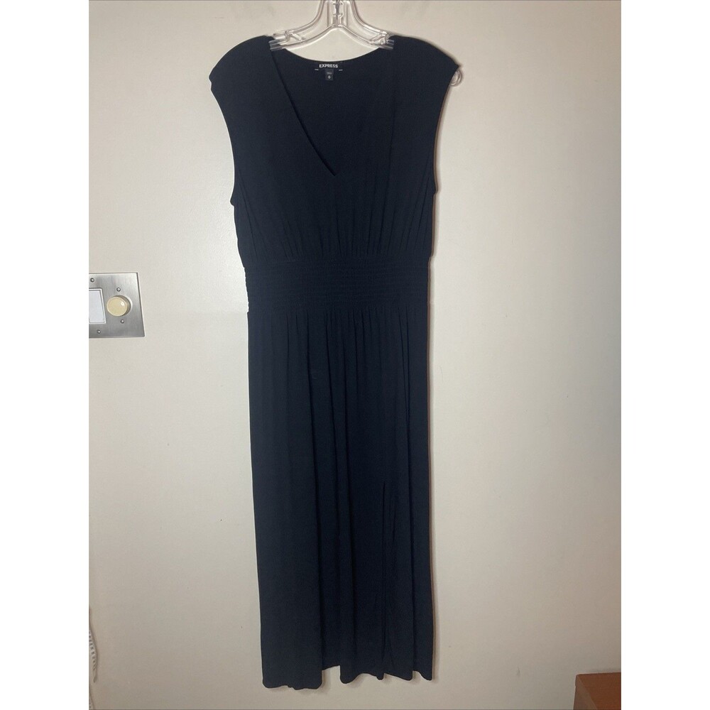 Vintage Express Black Dress V Neck Defined Elastic Waist, Midi Size M